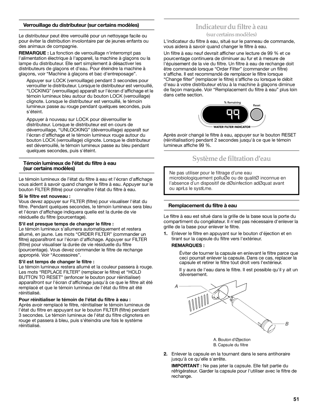 KitchenAid W10161714A manual Indicateur du filtre à eau, Système de filtration deau, Remplacement du filtre à eau 