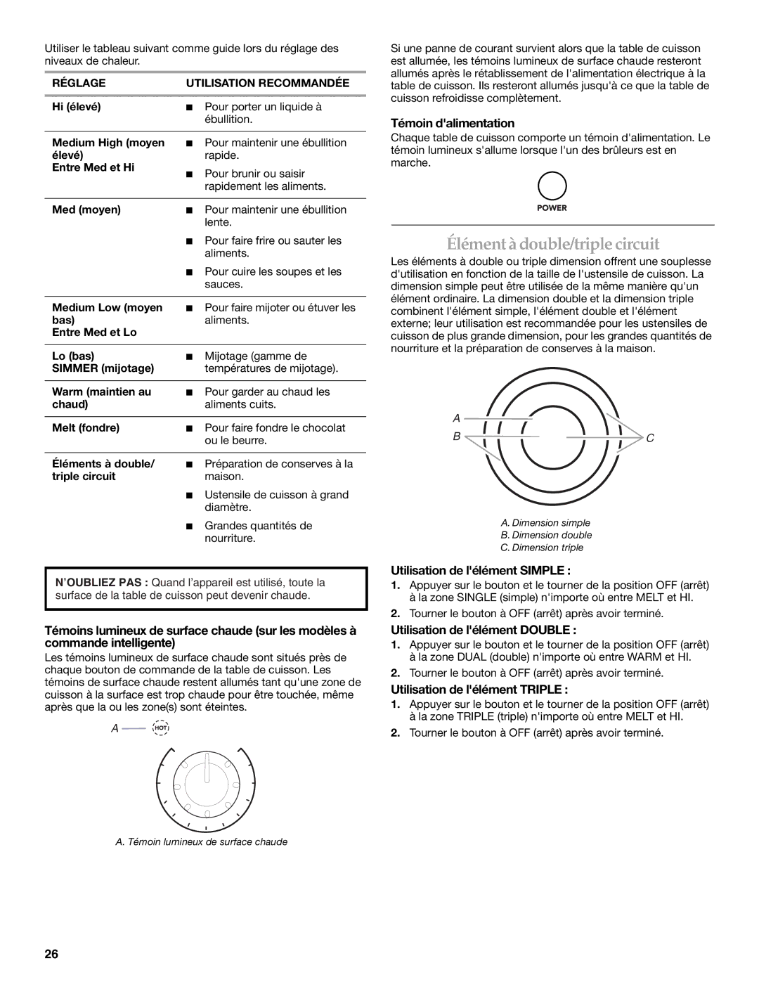 KitchenAid W10162162A manual Témoin dalimentation, Utilisation de lélément Simple, Utilisation de lélément Double 