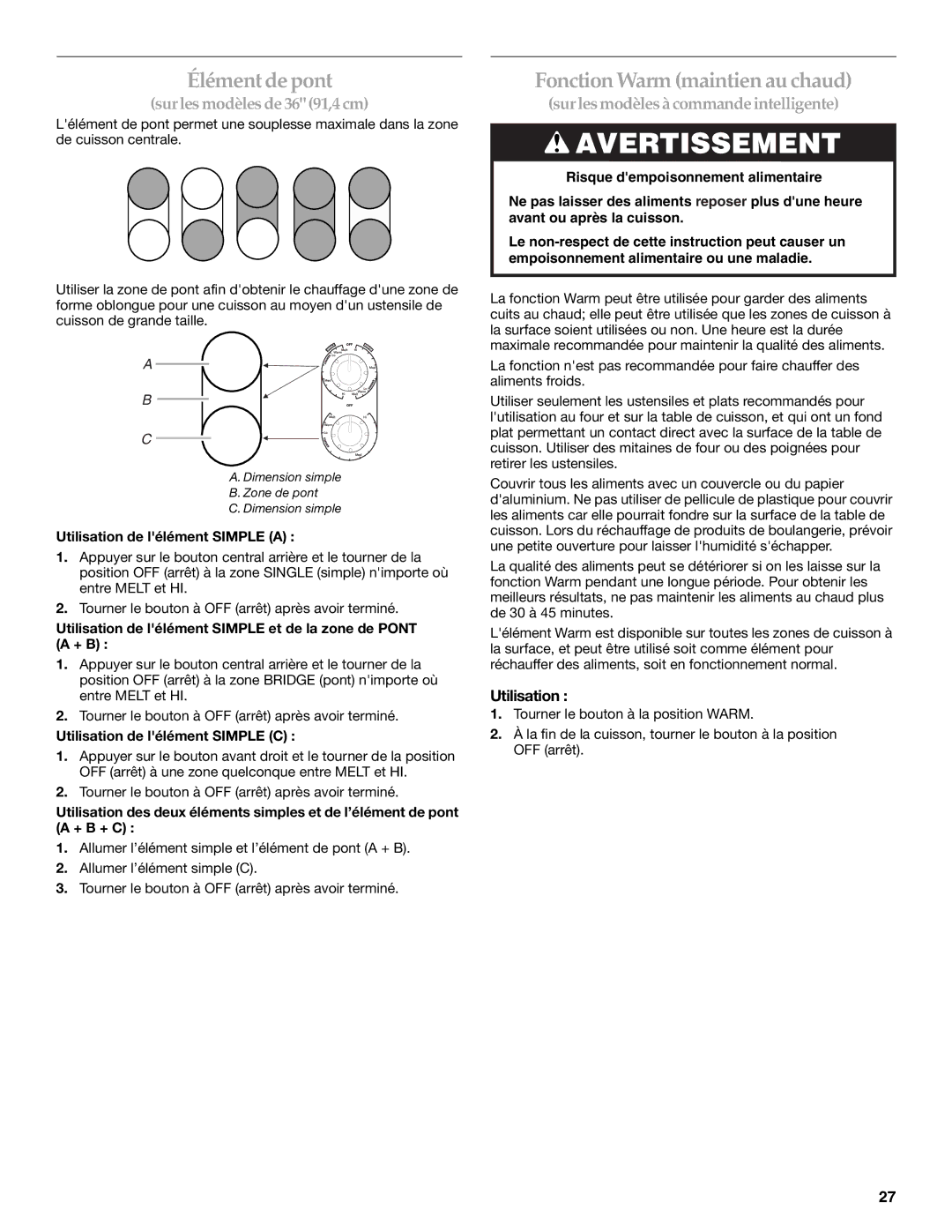 KitchenAid W10162162A Fonction Warm maintien au chaud, Surles modèles de 36 91,4 cm, Surlesmodèles à commandeintelligente 