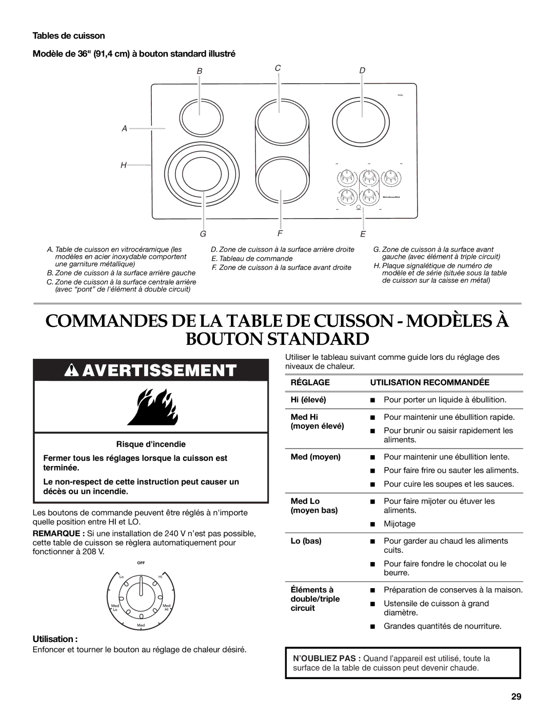 KitchenAid W10162162A manual Commandes DE LA Table DE Cuisson Modèles À Bouton Standard 