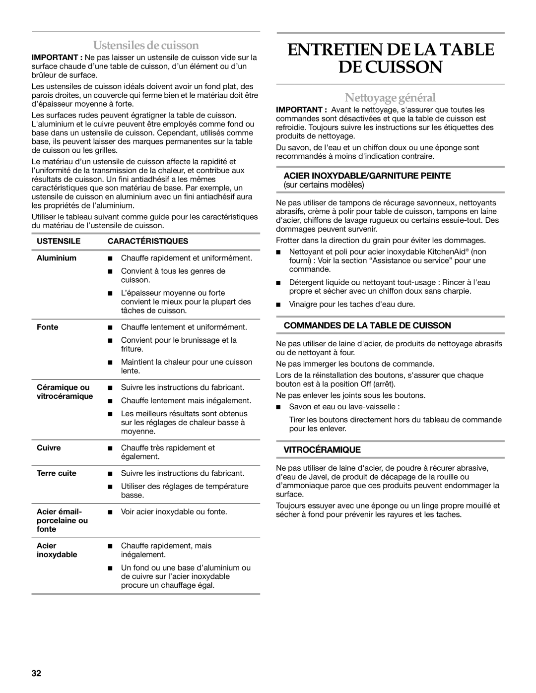 KitchenAid W10162162A manual Entretien DE LA Table DE Cuisson, Ustensiles de cuisson, Nettoyage général 