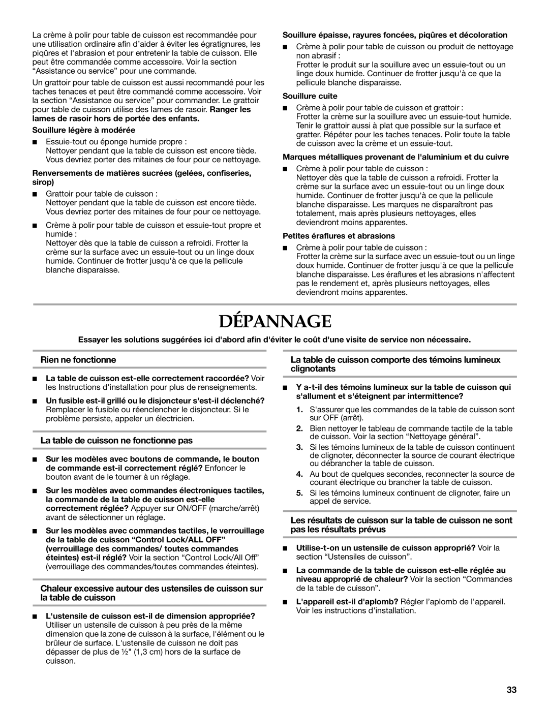 KitchenAid W10162162A manual Dépannage, Rien ne fonctionne, La table de cuisson ne fonctionne pas 