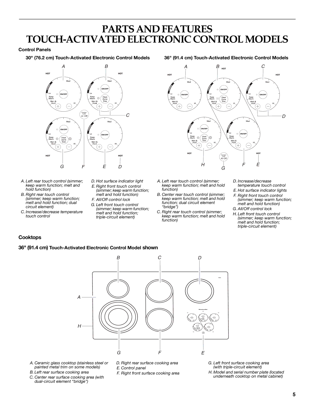 KitchenAid W10162162A manual Cooktops, E D, 36 91.4 cm Touch-Activated Electronic Control Model shown 