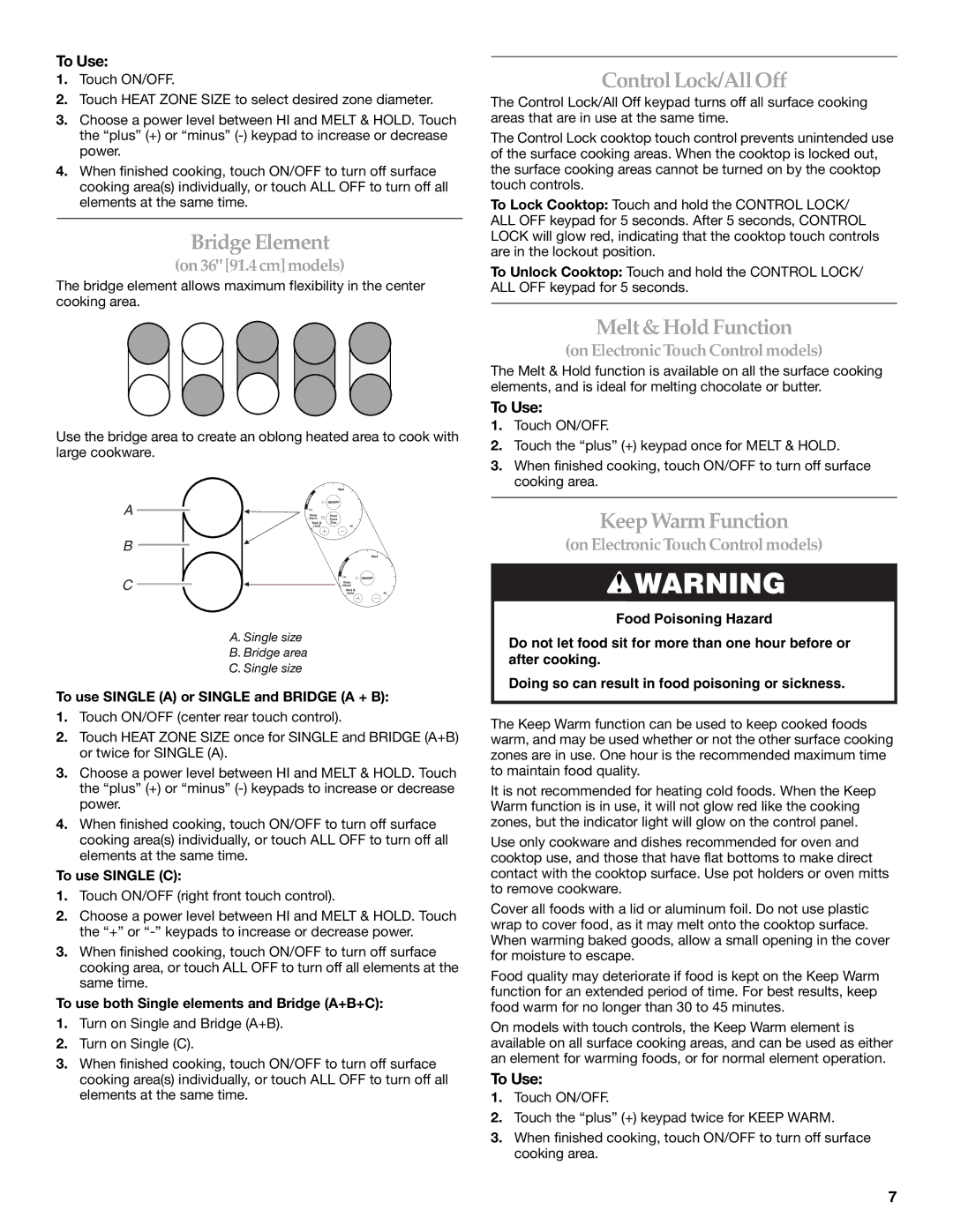 KitchenAid W10162162A manual Bridge Element, ControlLock/AllOff, Melt & Hold Function, Keep Warm Function 