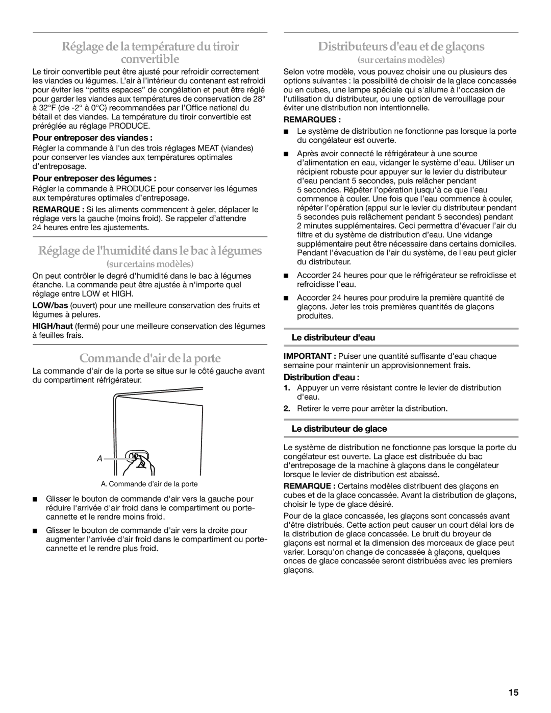 KitchenAid W10162434A warranty Réglage de la température du tiroir Convertible, Réglage de lhumidité dans le bac à légumes 