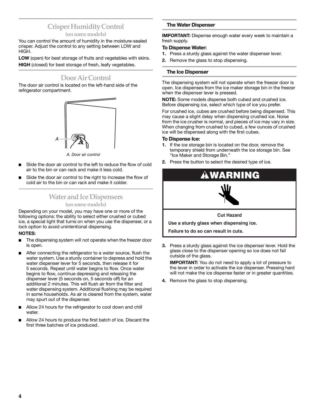 KitchenAid W10162434A warranty Crisper Humidity Control, Door Air Control, Water and Ice Dispensers 