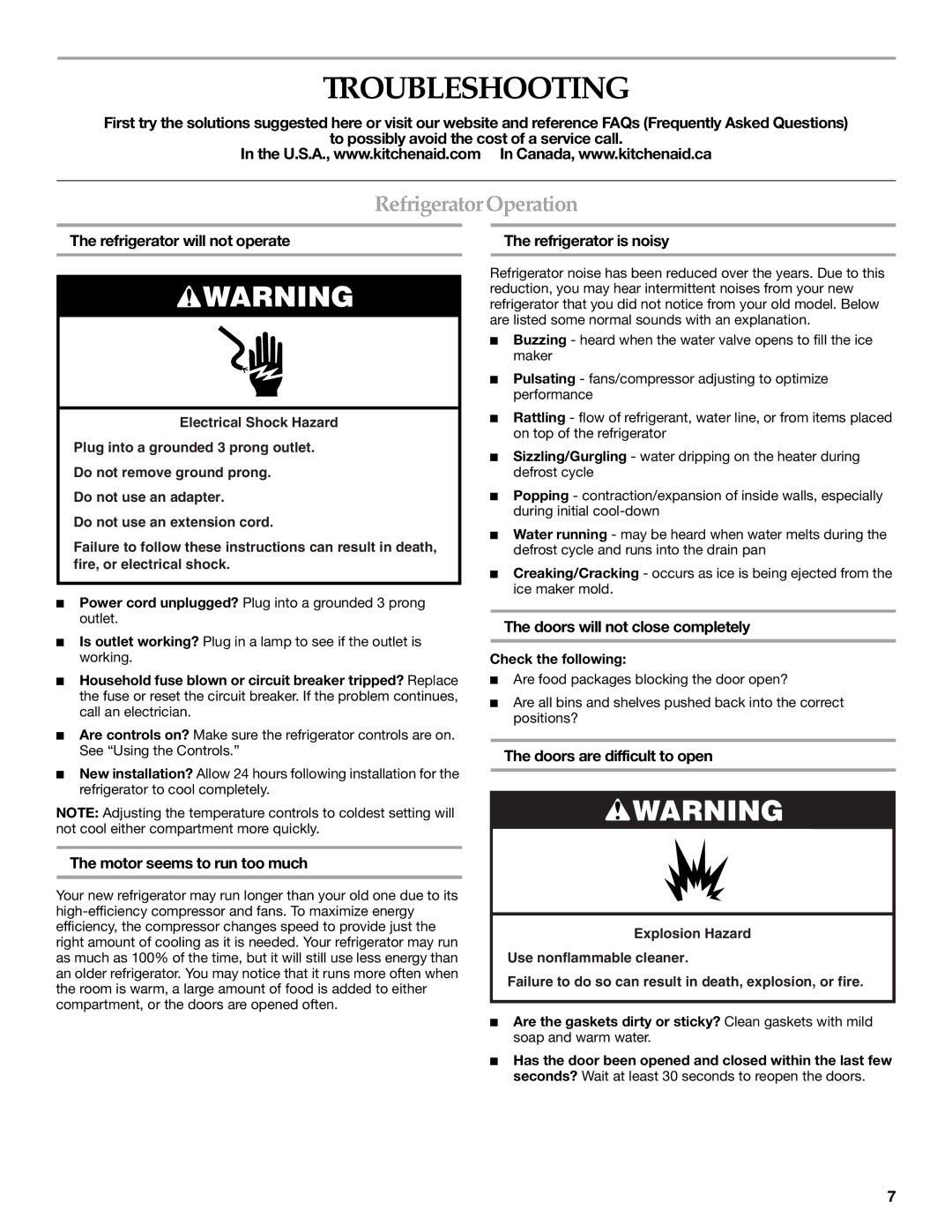 KitchenAid W10162434A warranty Troubleshooting, Refrigerator Operation 