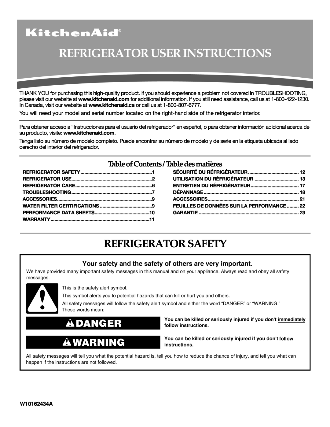 KitchenAid W10162434A warranty Refrigerator User Instructions, Refrigerator Safety, Danger 