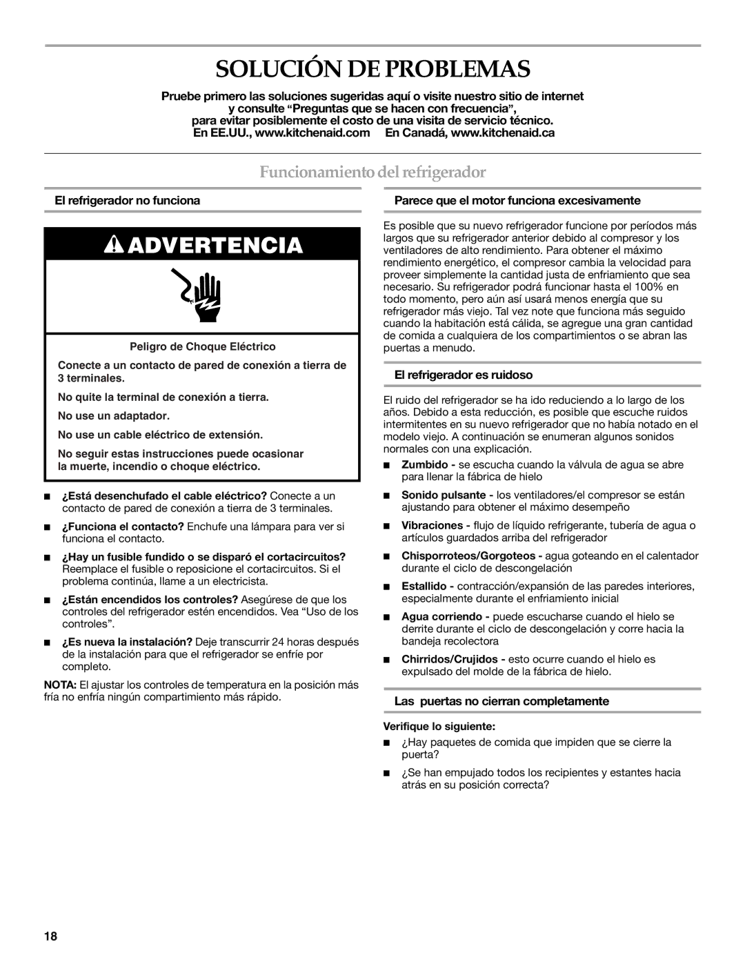 KitchenAid W10162435A warranty Solución DE Problemas, Funcionamiento del refrigerador 