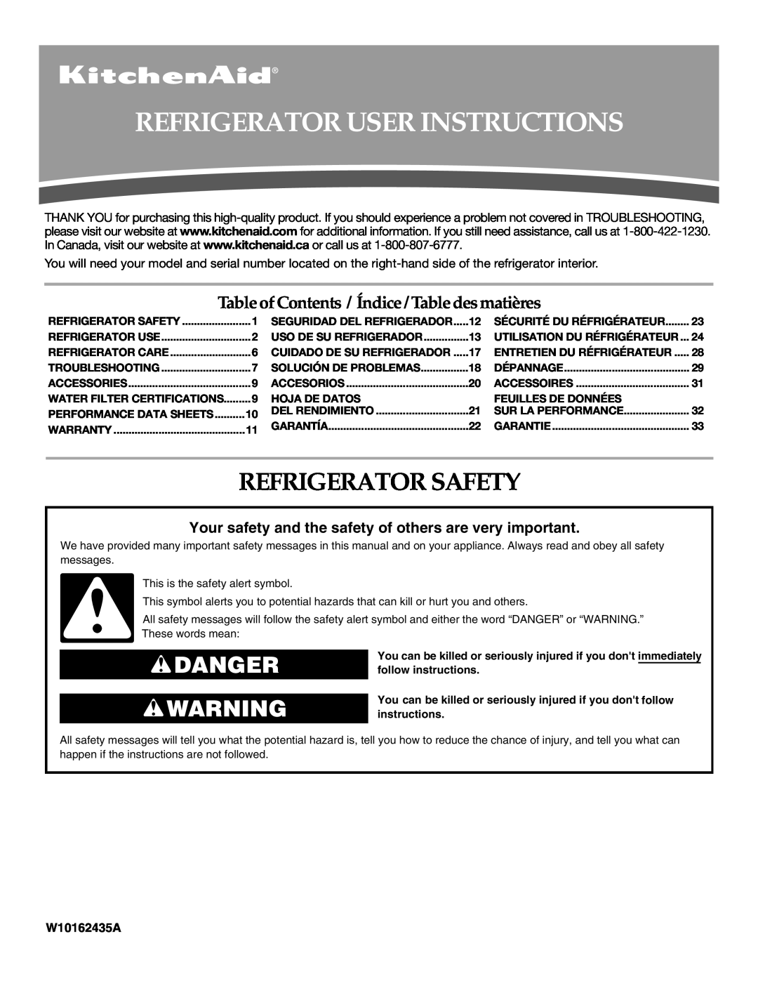 KitchenAid W10162435A warranty Refrigerator User Instructions, Refrigerator Safety, Danger 