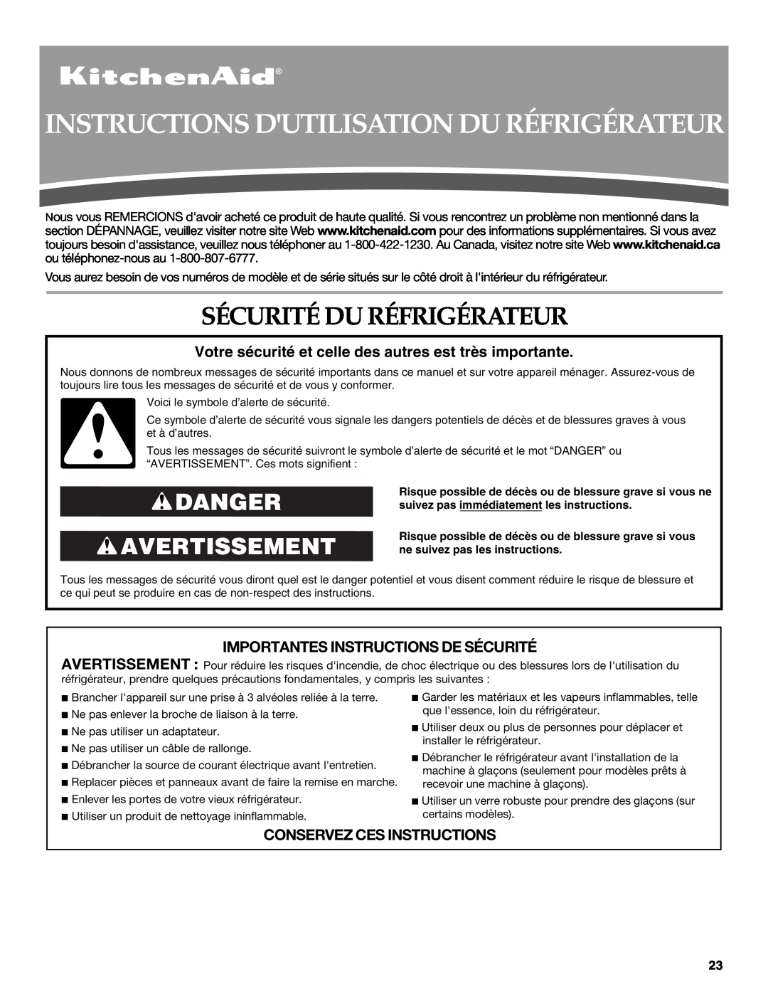 KitchenAid W10162435A warranty Instructions Dutilisation Du Réfrigérateur, Sécurité Du Réfrigérateur, Danger Avertissement 