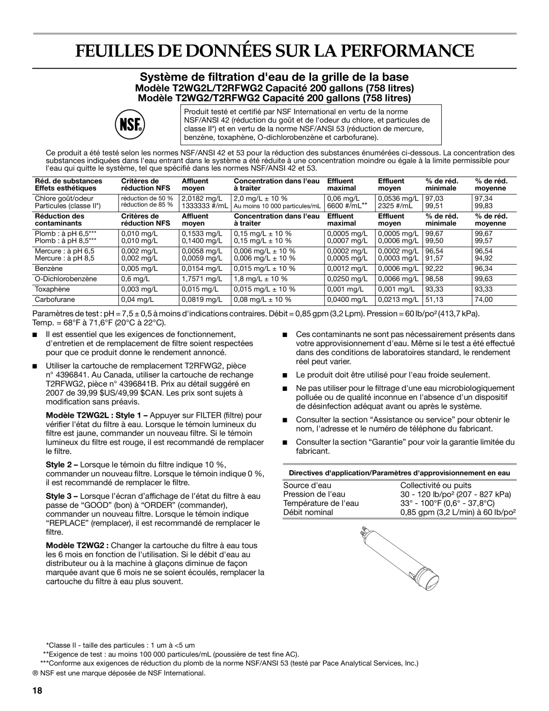 KitchenAid W10162441A warranty Feuilles DE Données SUR LA Performance, Système de filtration deau de la grille de la base 