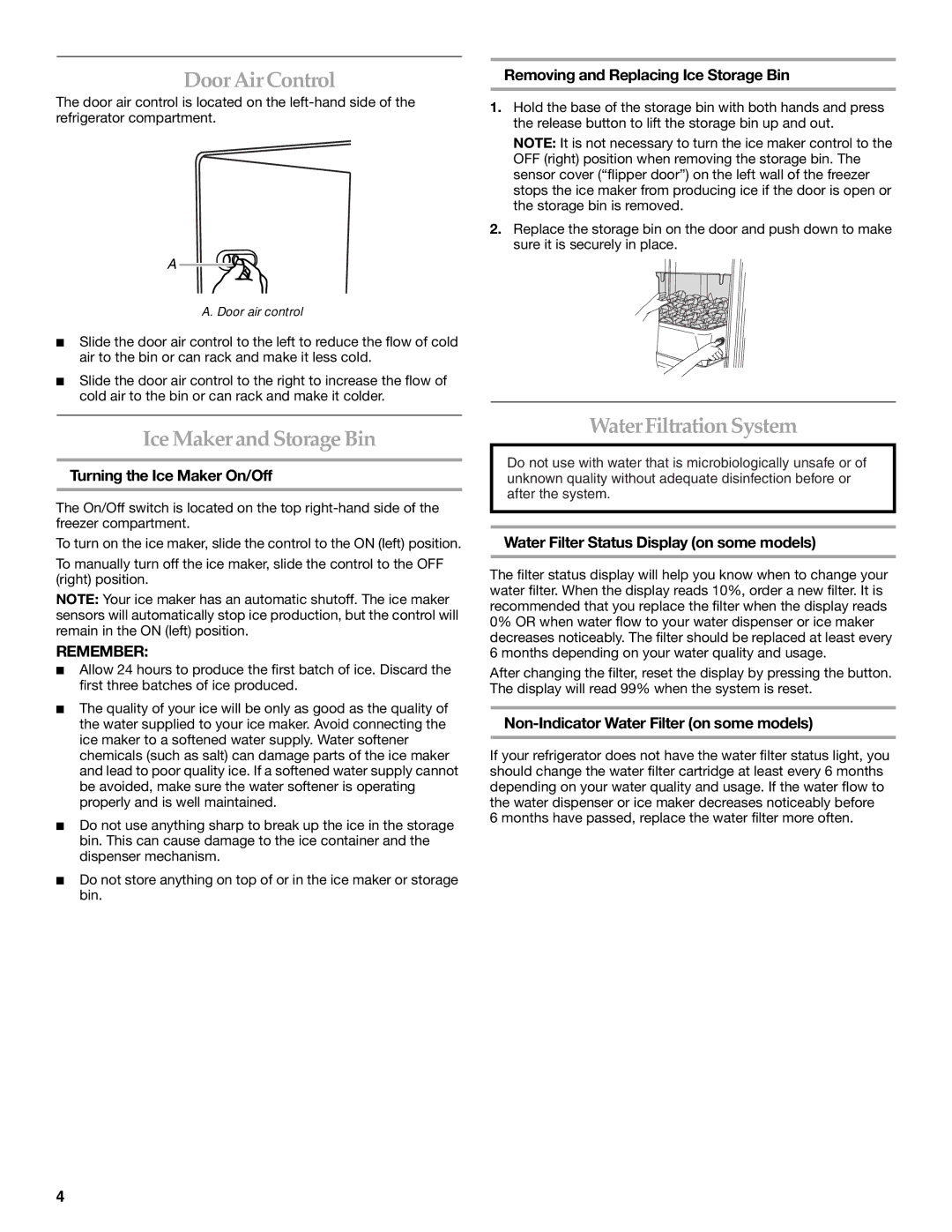 KitchenAid W10162441A, W10162440A warranty Door Air Control, Ice Maker and Storage Bin, Water Filtration System 