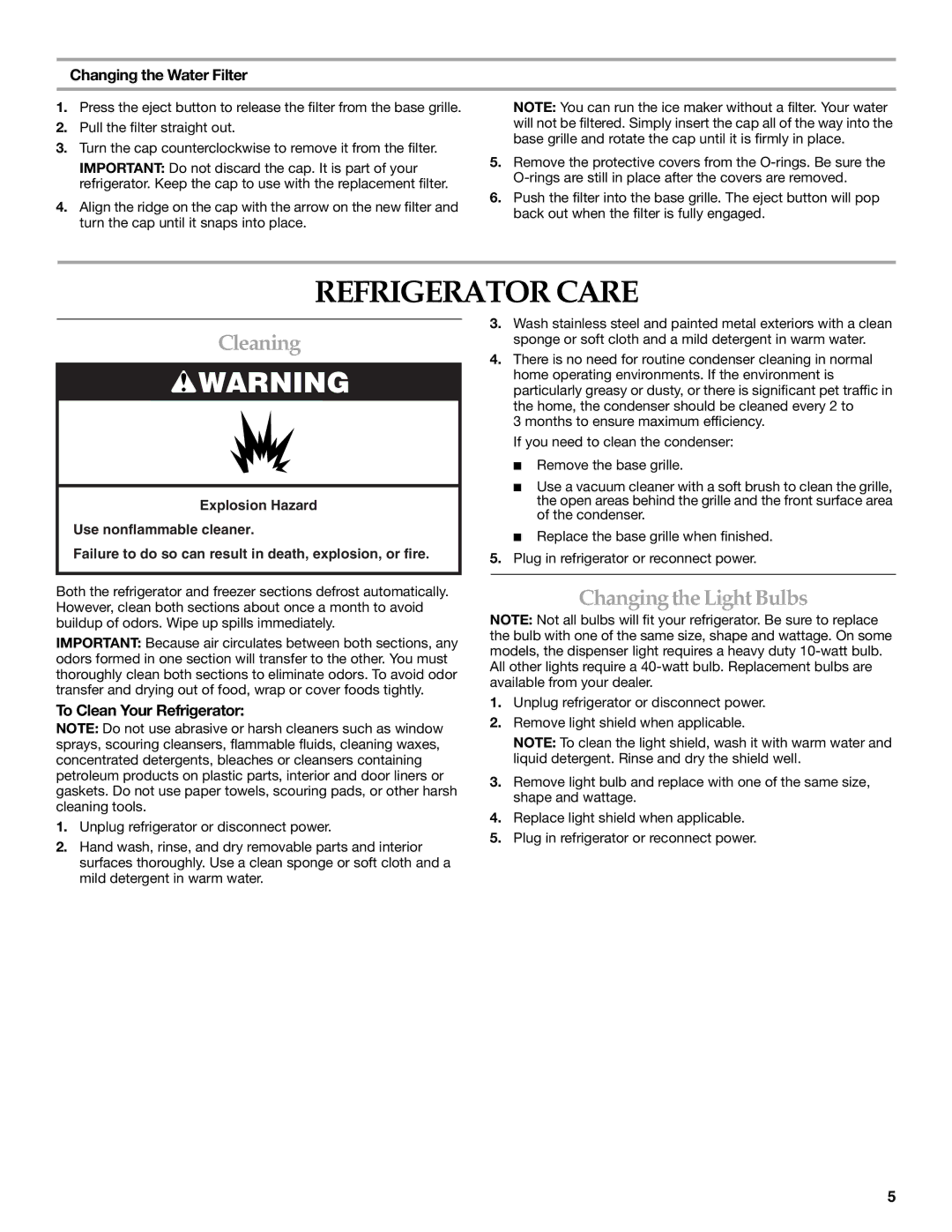 KitchenAid W10162440A, W10162441A warranty Refrigerator Care, Cleaning, Changing the Light Bulbs, Changing the Water Filter 