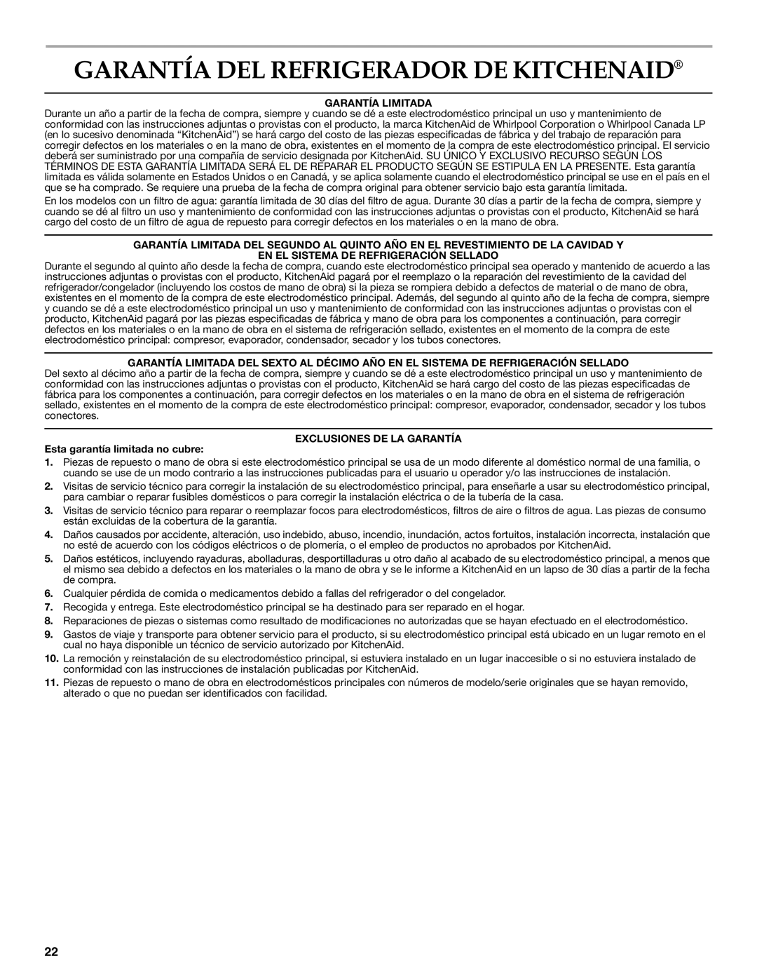 KitchenAid W10162462A, W10162463A warranty Garantía DEL Refrigerador DE Kitchenaid, Garantía Limitada 