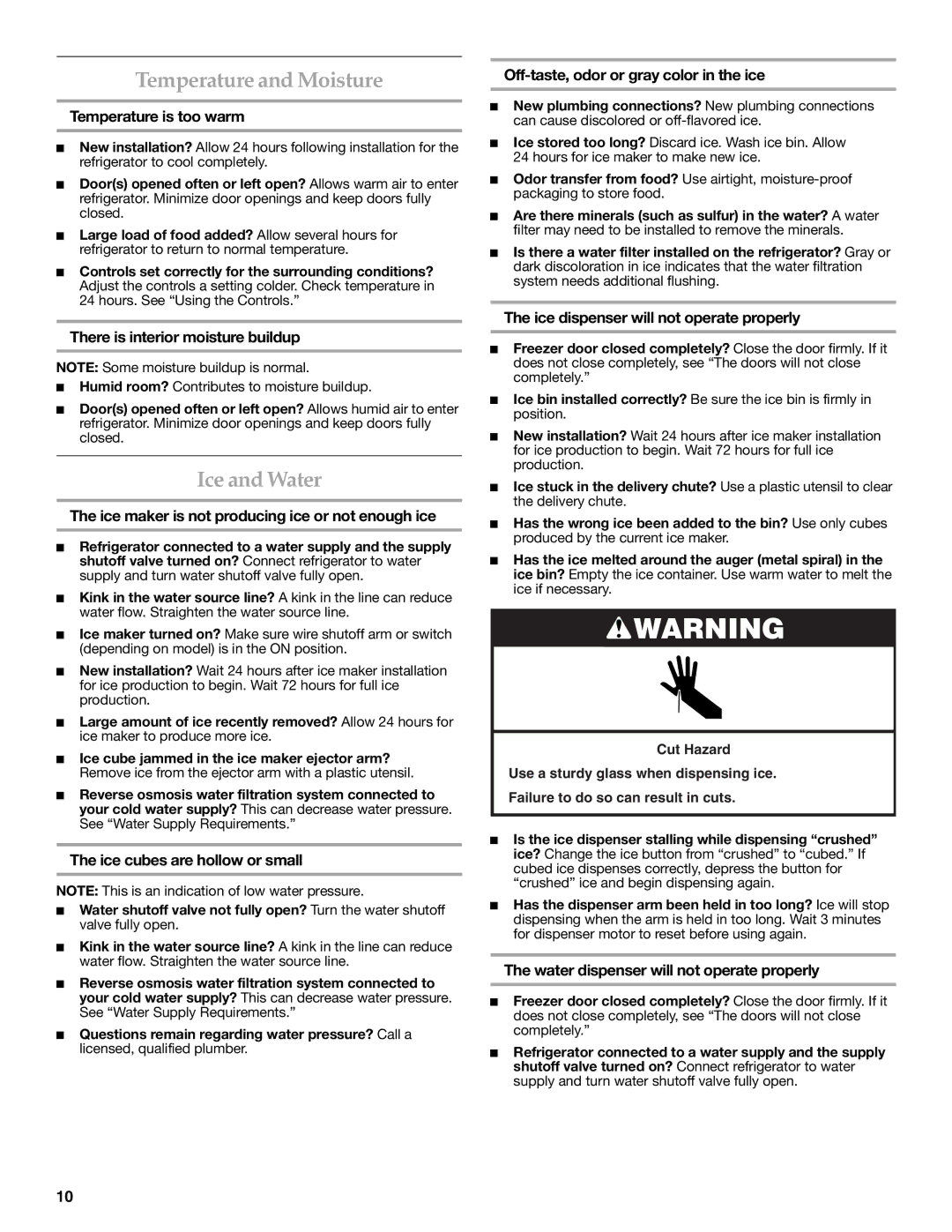 KitchenAid W10162466A, W10162467A installation instructions Temperature and Moisture, Ice and Water 