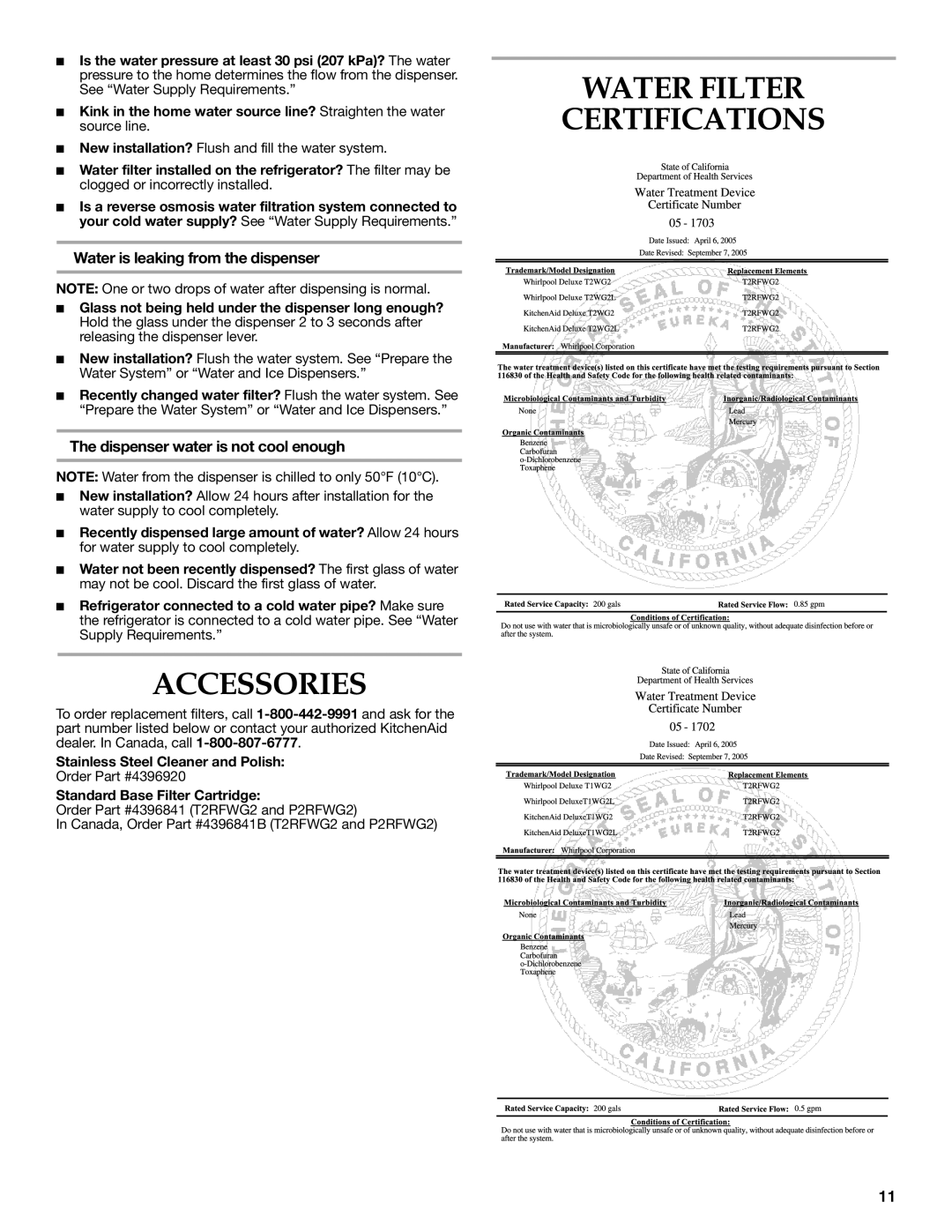 KitchenAid W10162467A, W10162466A Accessories, Water Filter Certifications, Water is leaking from the dispenser 