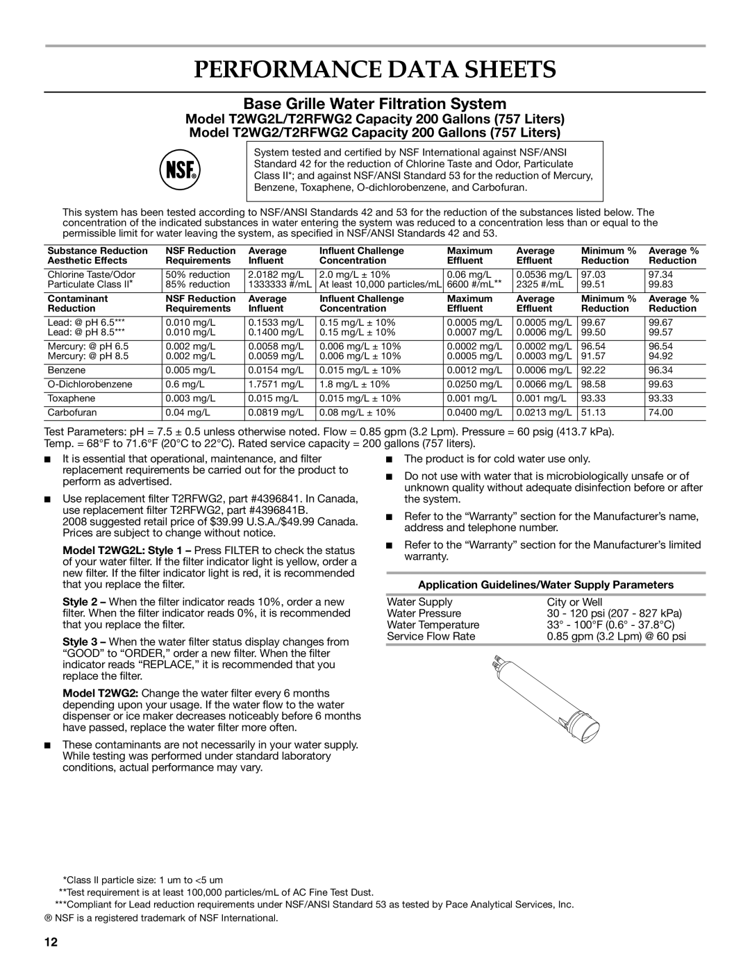 KitchenAid W10162466A, W10162467A Performance Data Sheets, Application Guidelines/Water Supply Parameters 