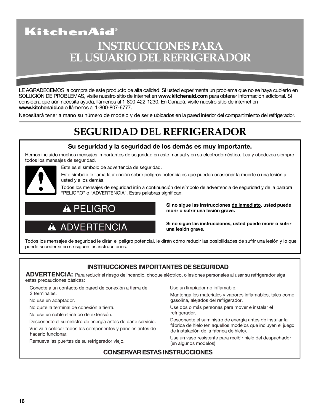 KitchenAid W10162466A, W10162467A Instrucciones Para EL Usuario DEL Refrigerador, Seguridad DEL Refrigerador 