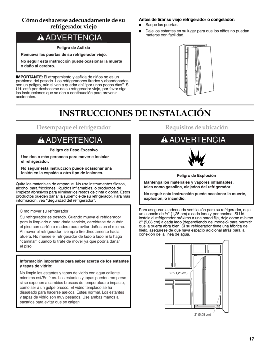 KitchenAid W10162467A, W10162466A Instrucciones DE Instalación, Desempaque el refrigerador, Requisitos de ubicación 