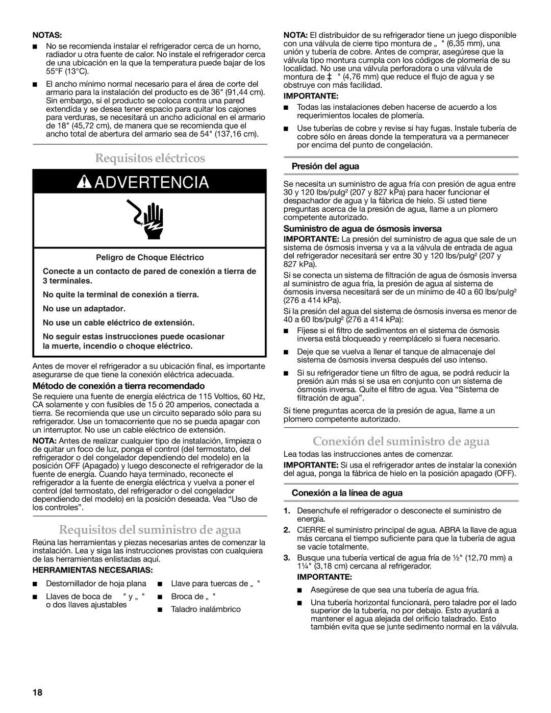 KitchenAid W10162466A Requisitos eléctricos, Requisitos del suministro de agua, Conexión del suministro de agua 