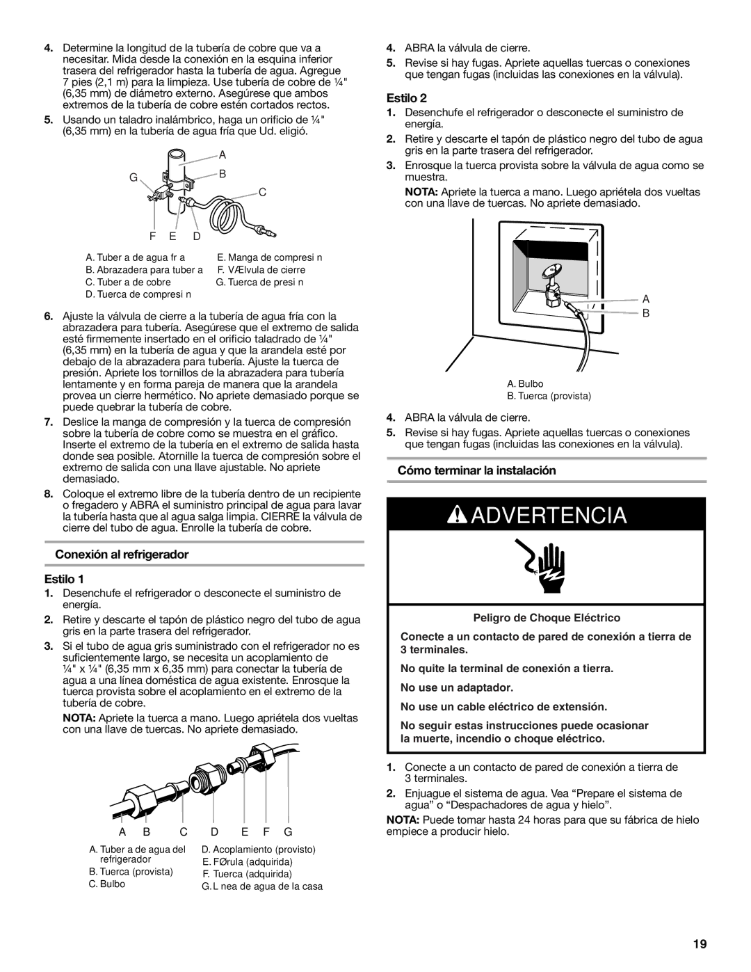 KitchenAid W10162467A, W10162466A installation instructions Conexión al refrigerador Estilo, Cómo terminar la instalación 