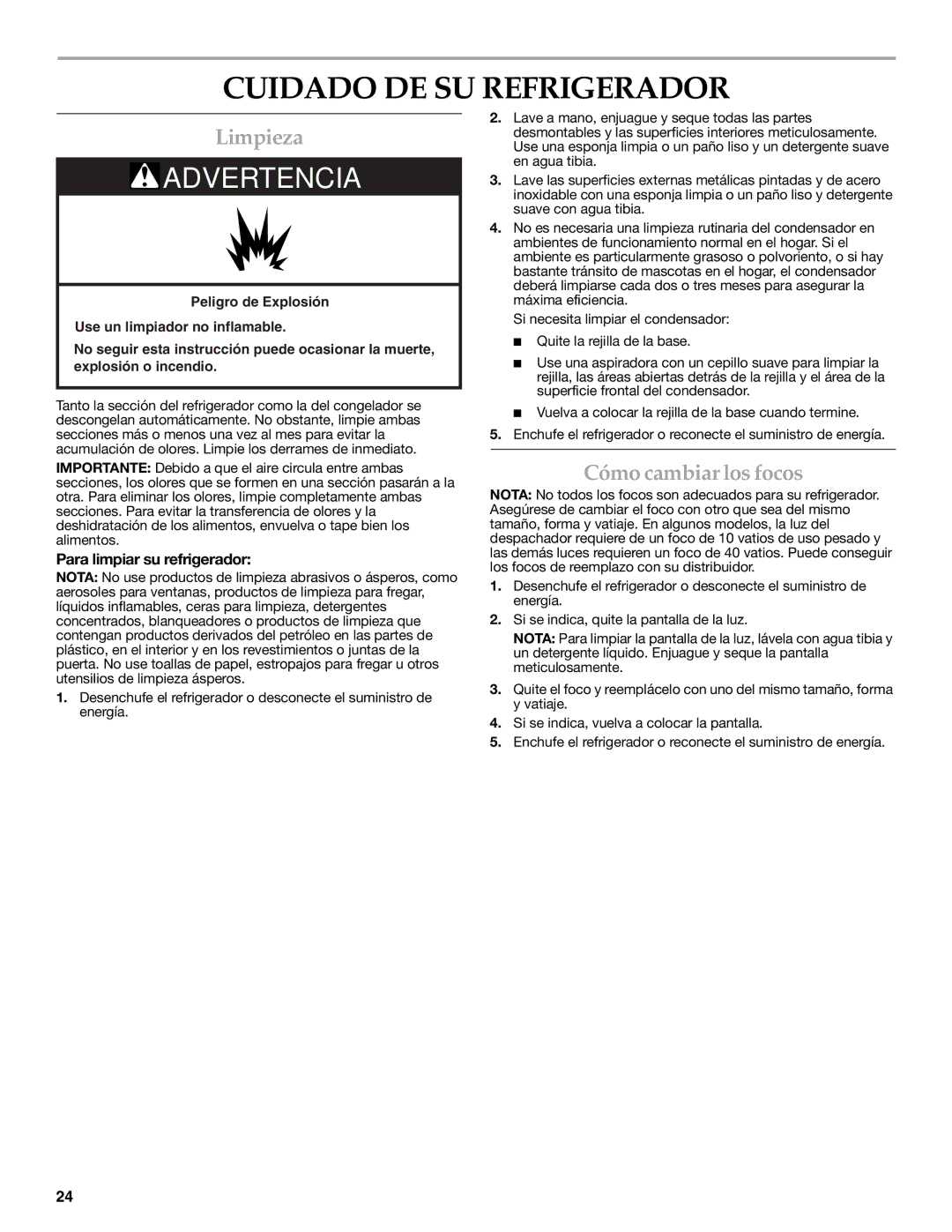 KitchenAid W10162466A Cuidado DE SU Refrigerador, Limpieza, Cómo cambiar los focos, Para limpiar su refrigerador 