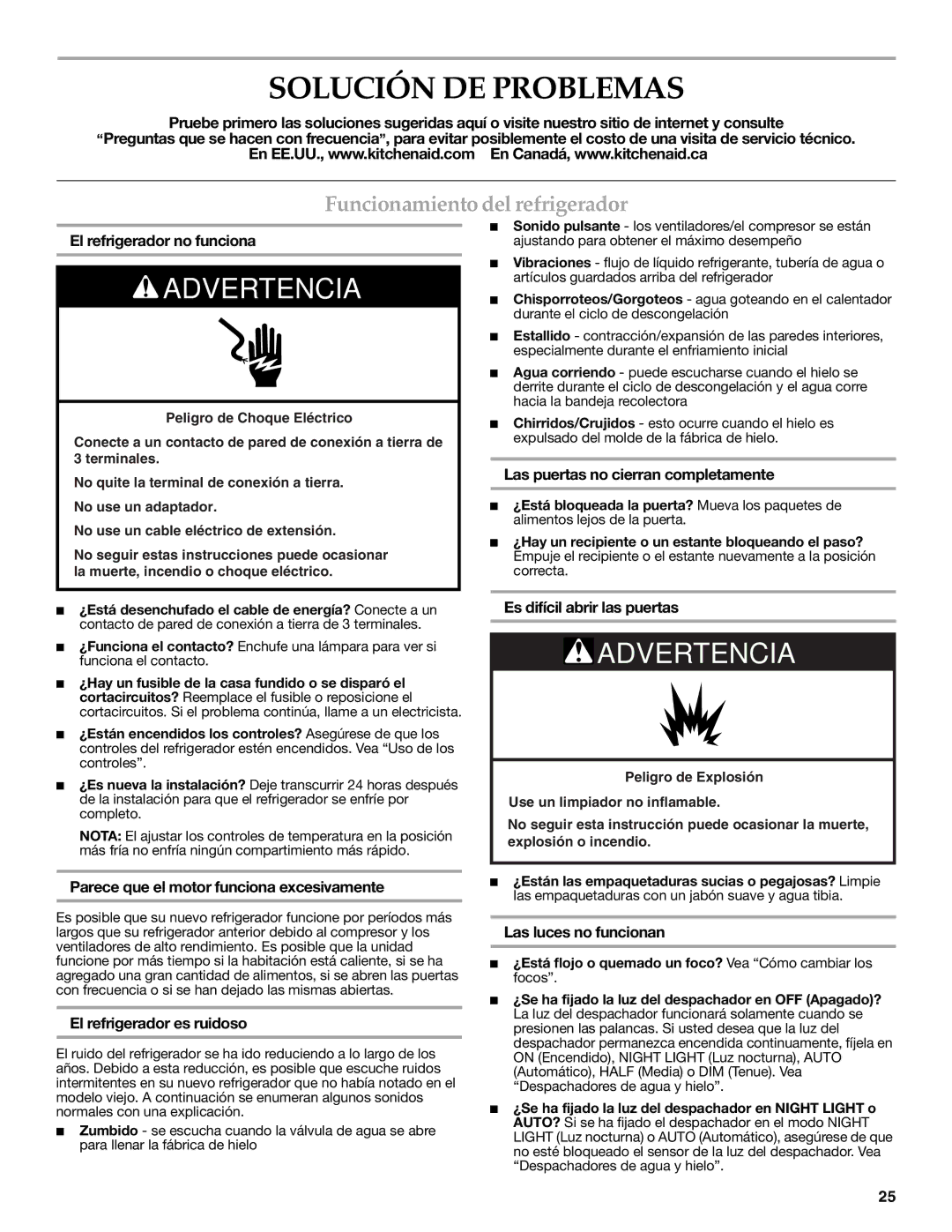 KitchenAid W10162467A, W10162466A installation instructions Solución DE Problemas, Funcionamiento del refrigerador 