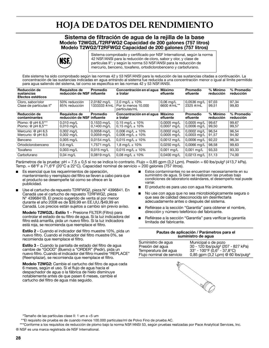 KitchenAid W10162466A Hoja DE Datos DEL Rendimiento, Pautas de aplicación / Parámetros para el Suministro de agua 