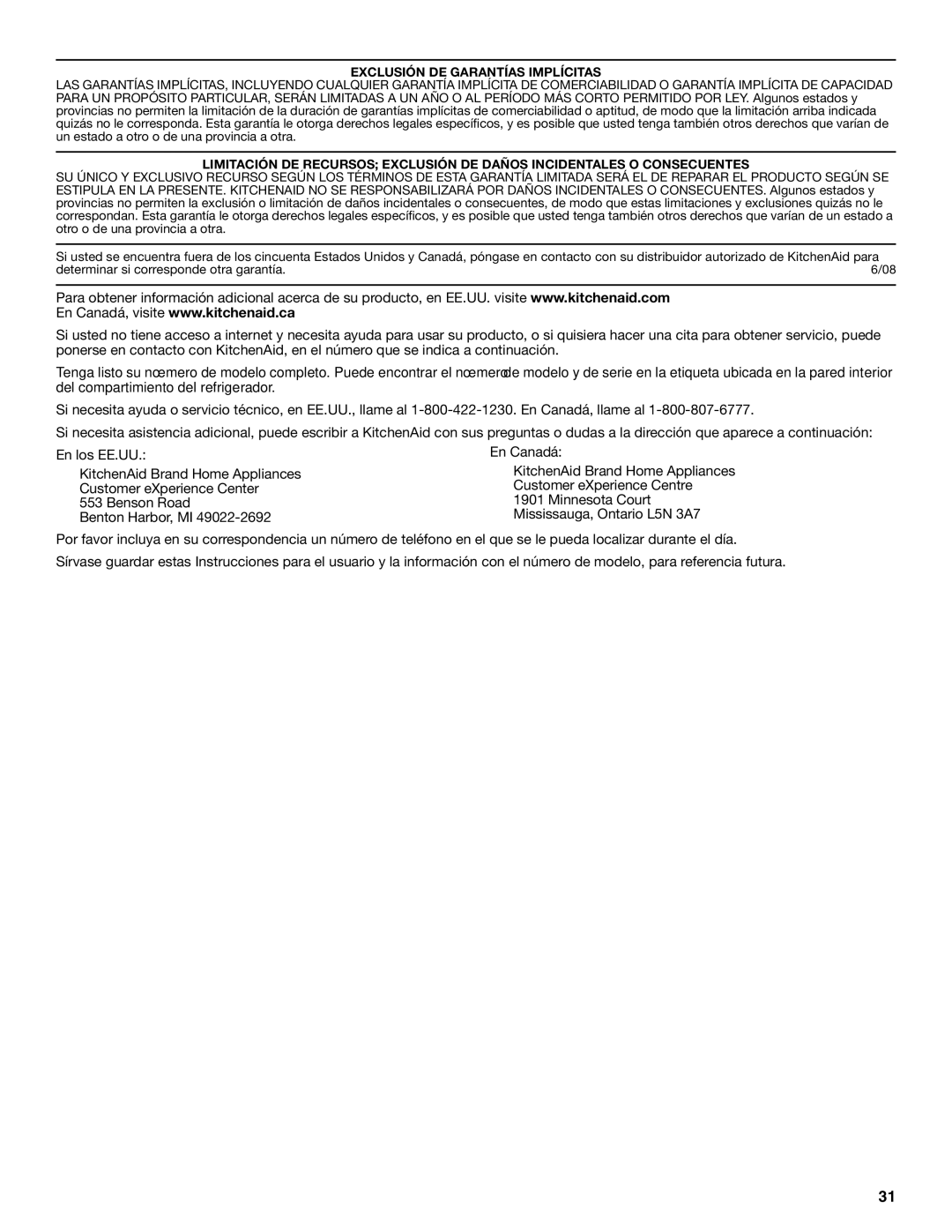 KitchenAid W10162467A, W10162466A installation instructions Exclusión DE Garantías Implícitas 