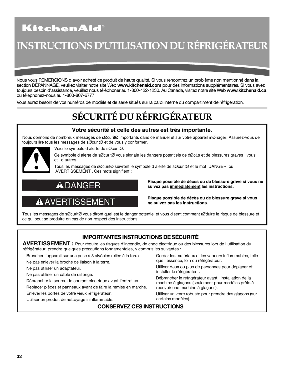 KitchenAid W10162466A, W10162467A Instructions Dutilisation DU Réfrigérateur, Sécurité DU Réfrigérateur 