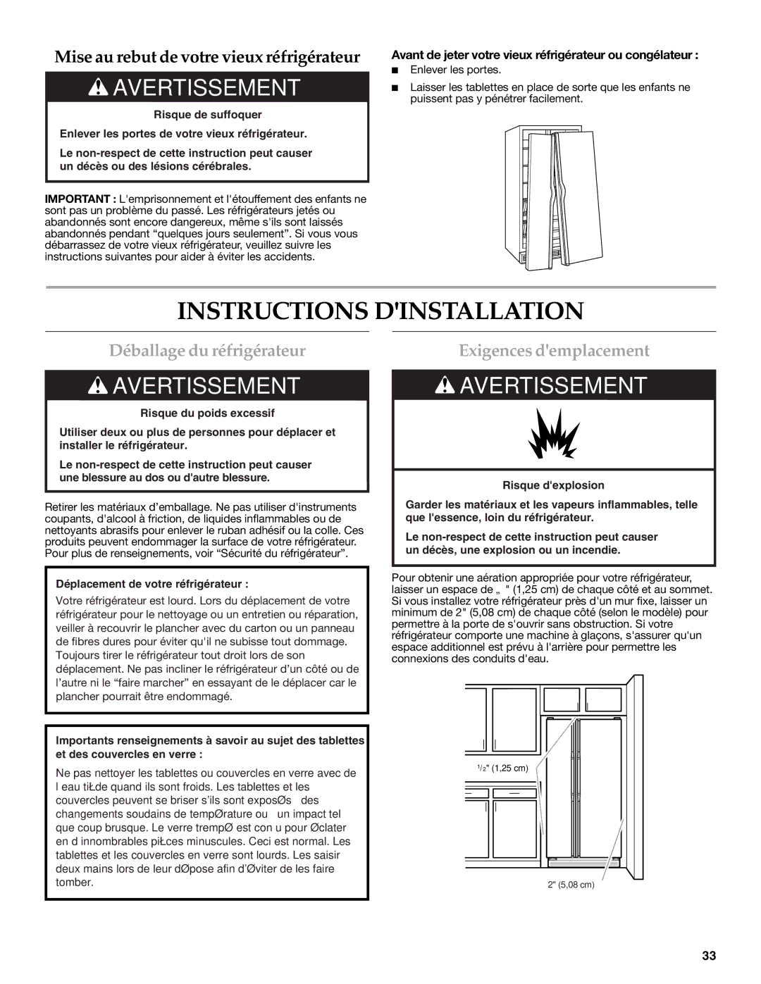 KitchenAid W10162467A, W10162466A Instructions Dinstallation, Déballage du réfrigérateur, Exigences demplacement 