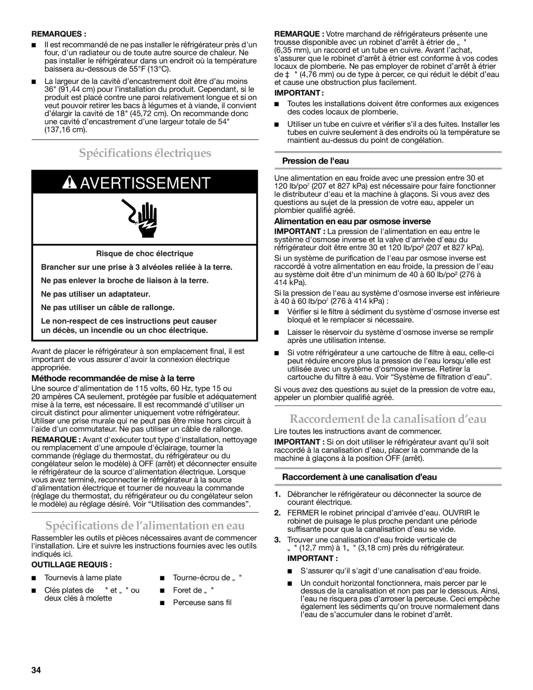 KitchenAid W10162466A, W10162467A Spécifications électriques, Spécifications de l’alimentation en eau 