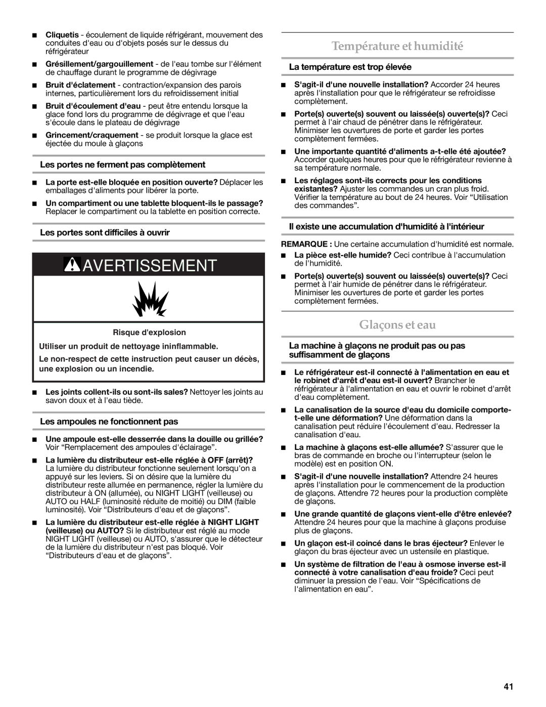 KitchenAid W10162467A, W10162466A installation instructions Température et humidité, Glaçons et eau 