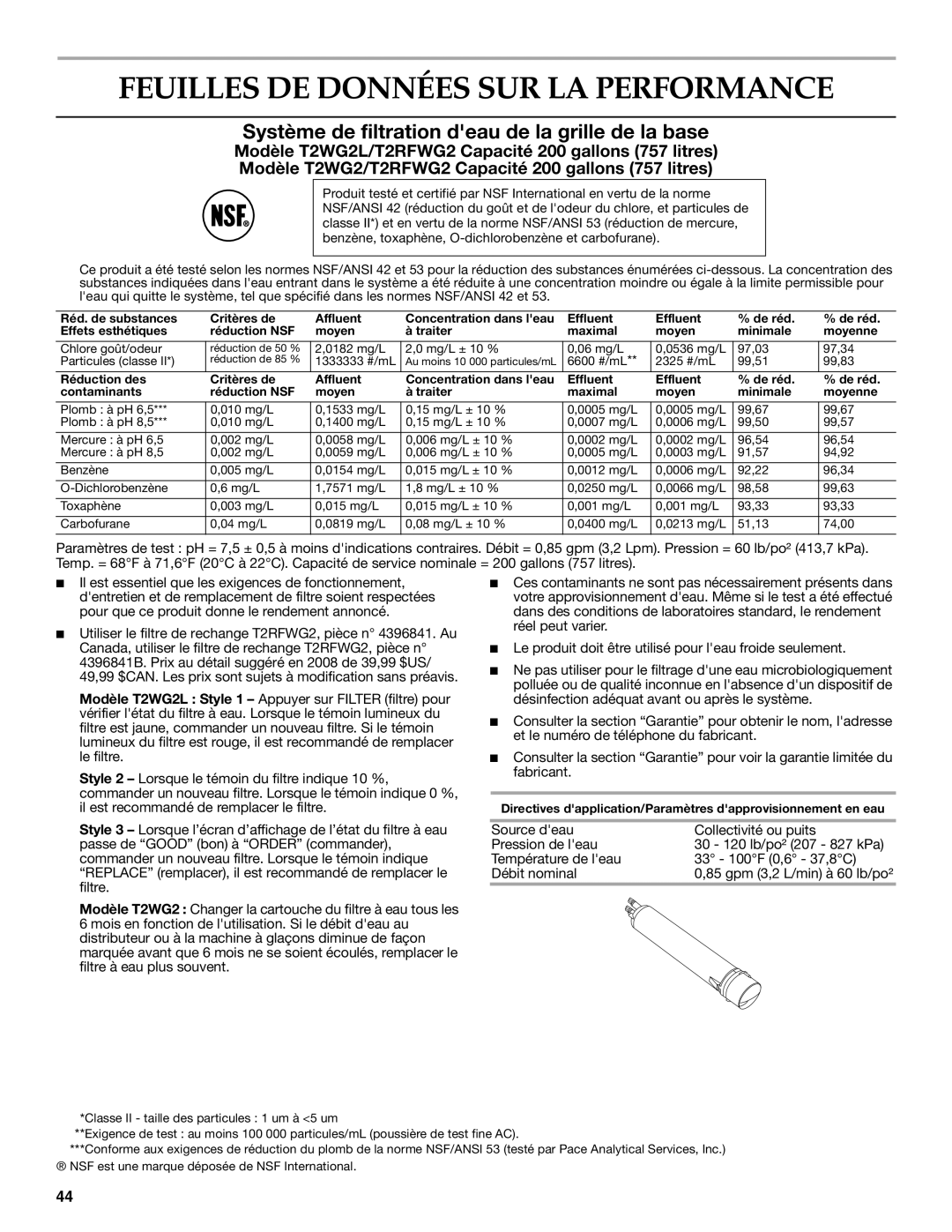 KitchenAid W10162466A Feuilles DE Données SUR LA Performance, Système de filtration deau de la grille de la base 