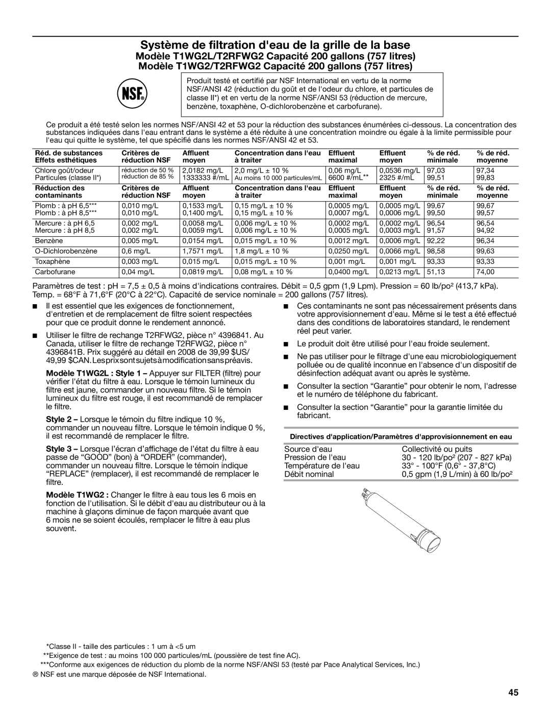 KitchenAid W10162467A, W10162466A installation instructions Système de filtration deau de la grille de la base 