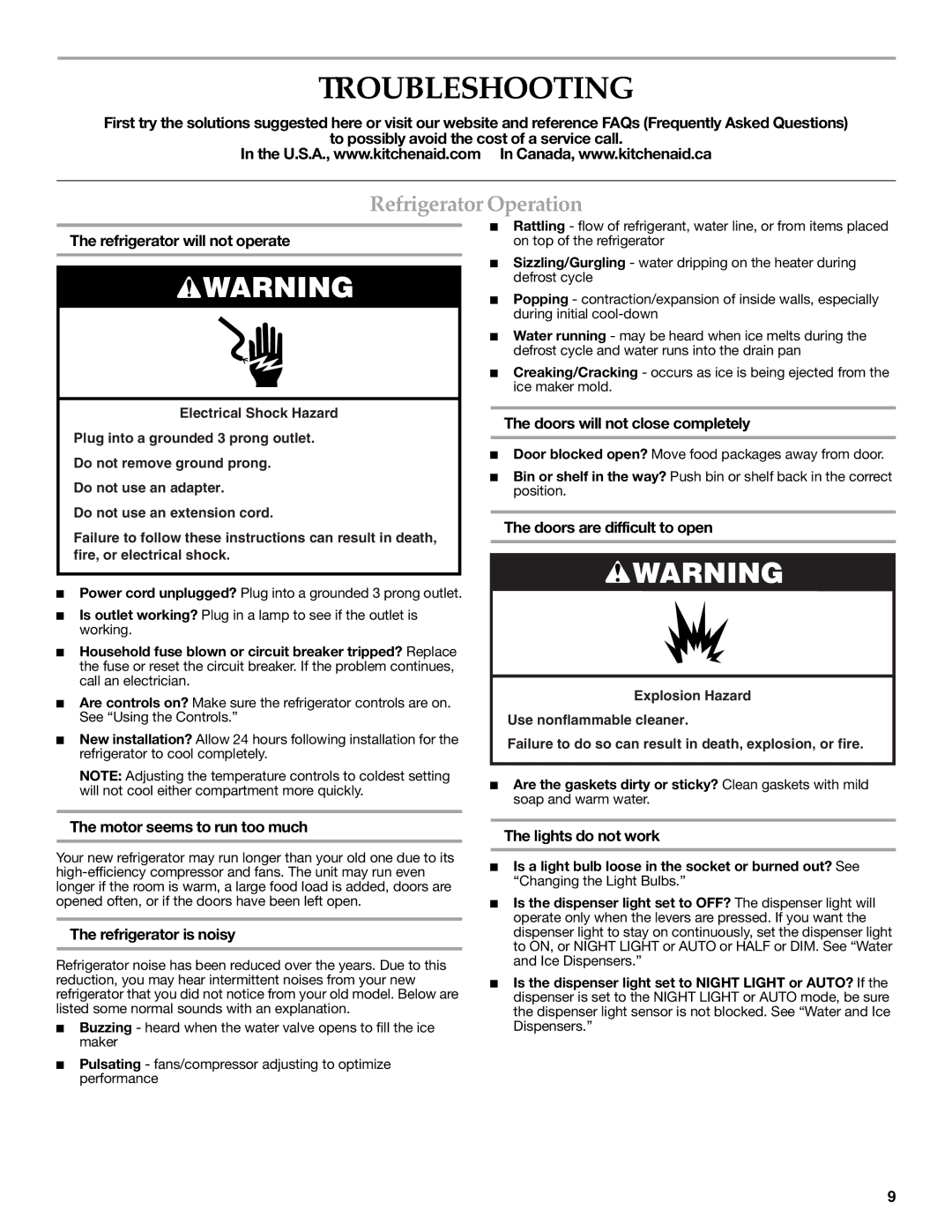 KitchenAid W10162467A, W10162466A installation instructions Troubleshooting, Refrigerator Operation 