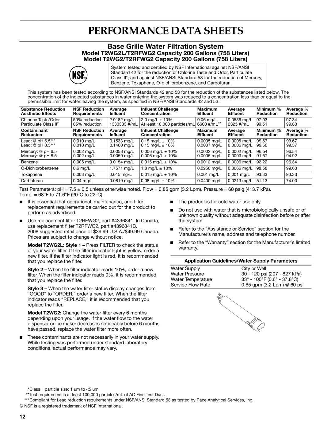 KitchenAid W10167098A, W10167112A Performance Data Sheets, Application Guidelines/Water Supply Parameters 