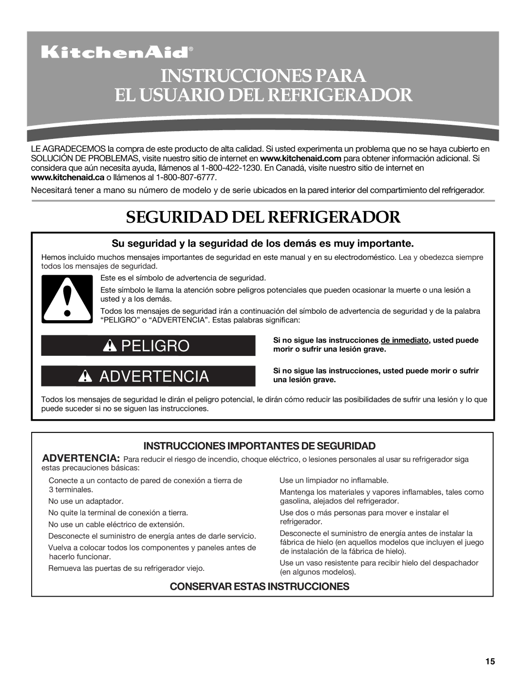 KitchenAid W10167112A, W10167098A Instrucciones Para EL Usuario DEL Refrigerador, Seguridad DEL Refrigerador 