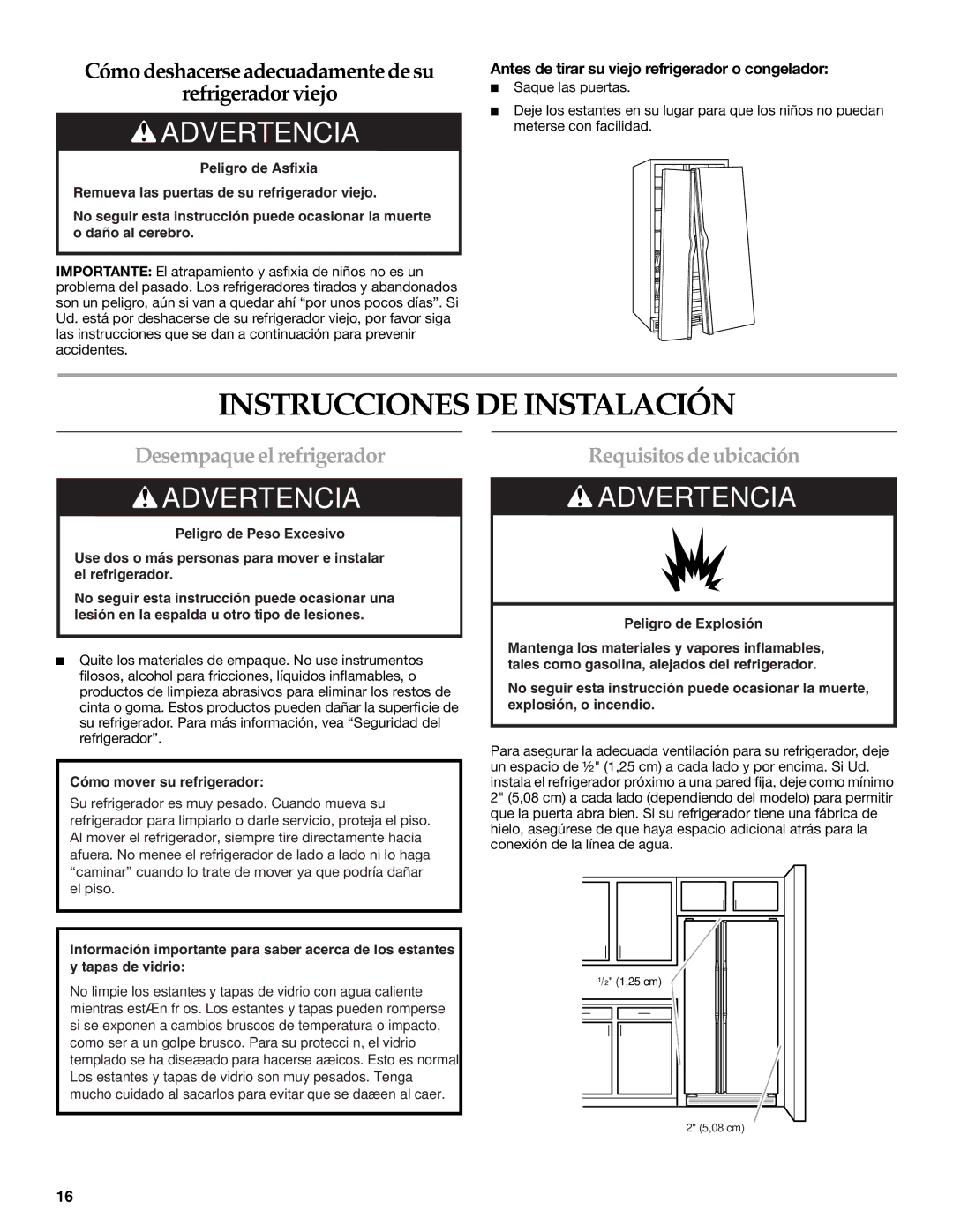 KitchenAid W10167098A, W10167112A Instrucciones DE Instalación, Desempaque el refrigerador, Requisitos de ubicación 