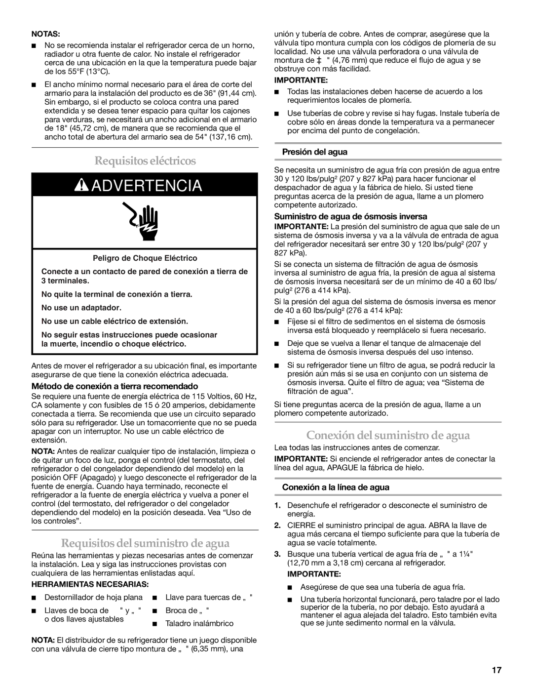 KitchenAid W10167112A Requisitos eléctricos, Requisitos del suministro de agua, Conexión del suministro de agua 