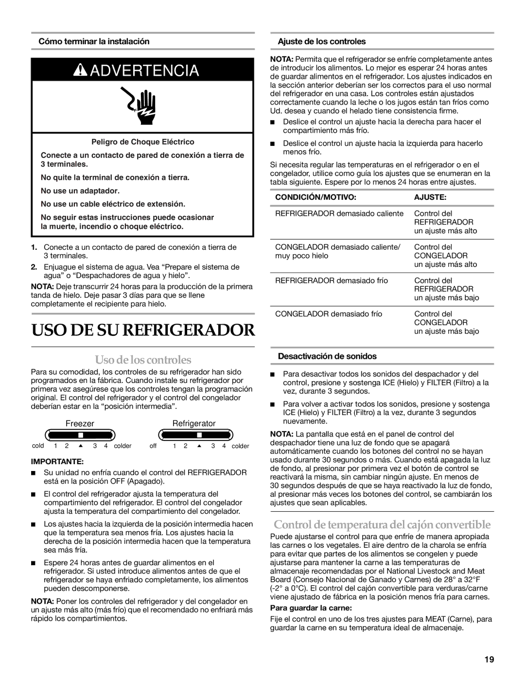 KitchenAid W10167112A Uso de los controles, Control de temperatura del cajón convertible, Cómo terminar la instalación 