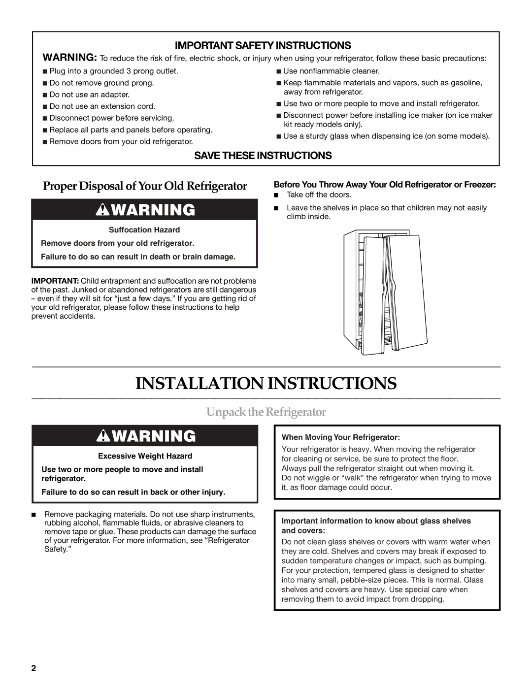 KitchenAid W10167098A, W10167112A installation instructions Installation Instructions, Unpack the Refrigerator 