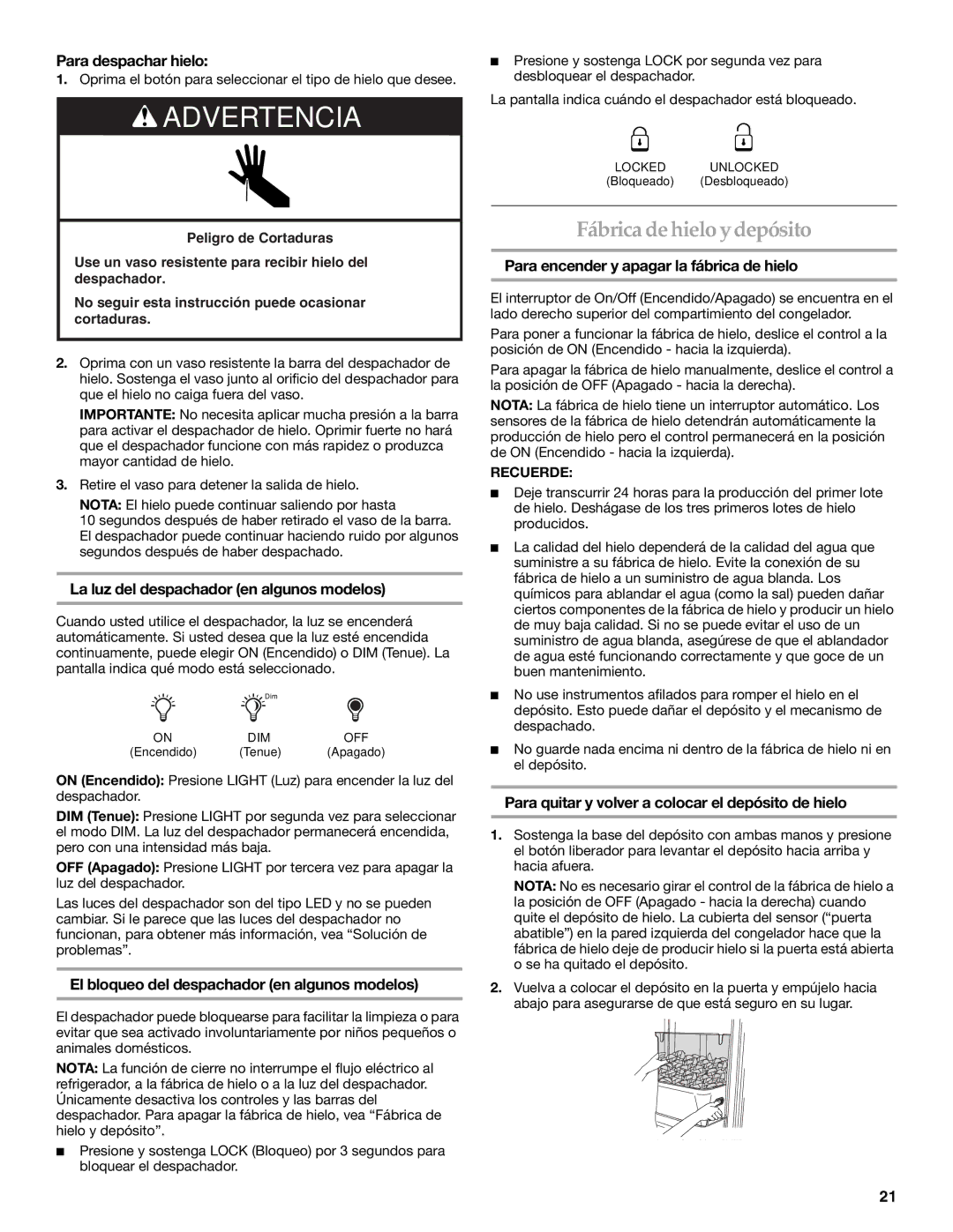 KitchenAid W10167112A, W10167098A installation instructions Fábrica de hielo y depósito 