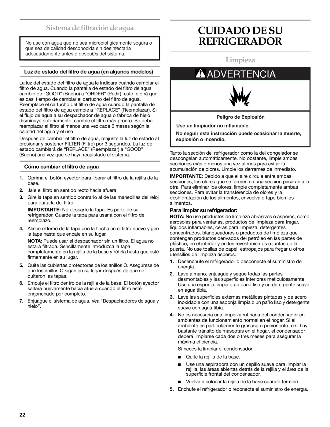 KitchenAid W10167098A, W10167112A Cuidado DE SU Refrigerador, Sistema de filtración de agua, Limpieza 