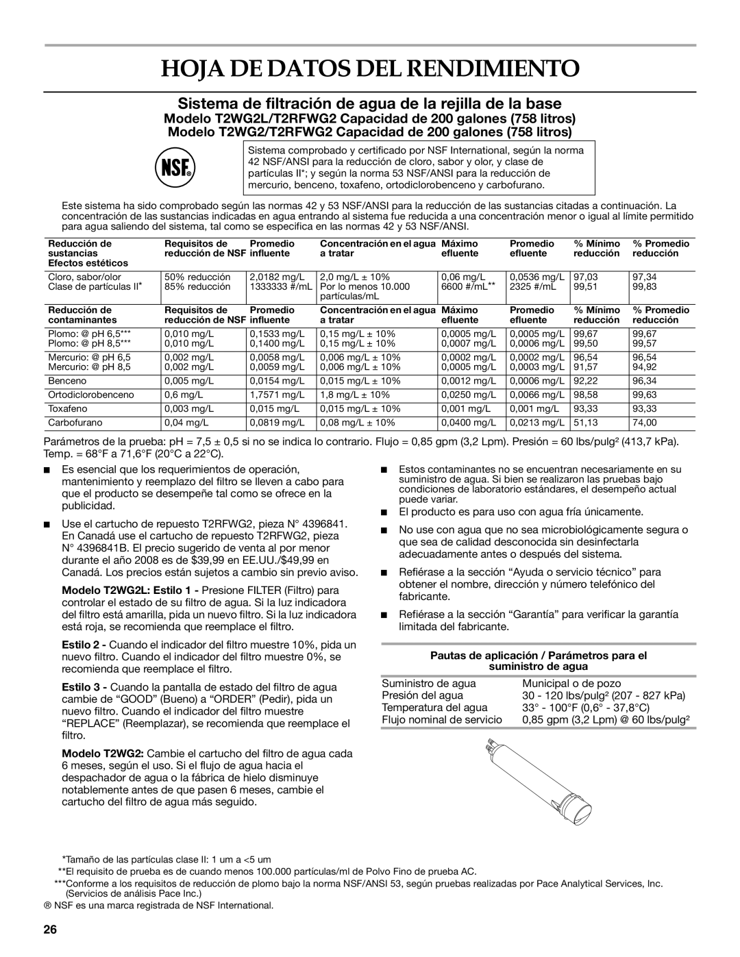 KitchenAid W10167098A Hoja DE Datos DEL Rendimiento, Pautas de aplicación / Parámetros para el Suministro de agua 