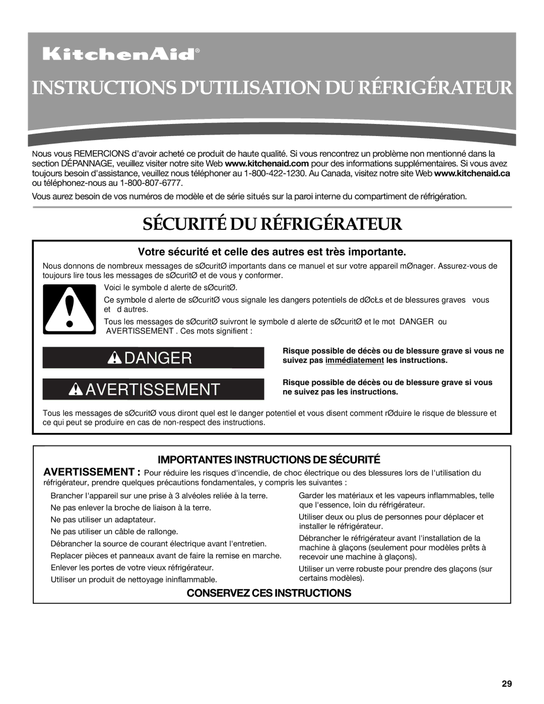 KitchenAid W10167112A, W10167098A Instructions Dutilisation DU Réfrigérateur, Sécurité DU Réfrigérateur 