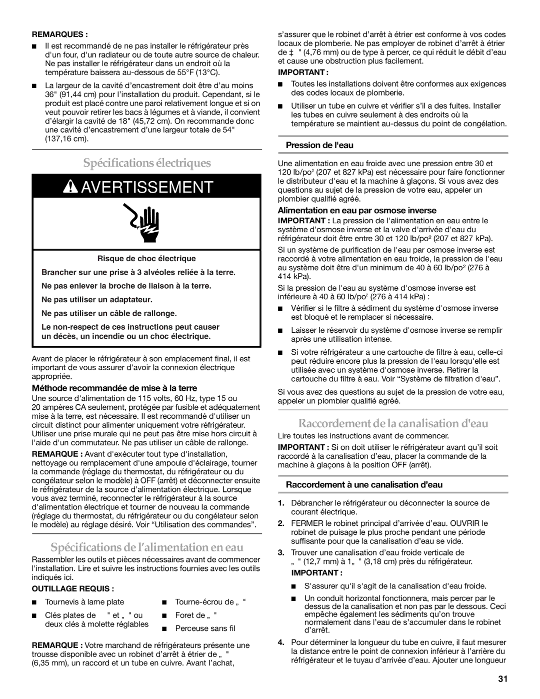 KitchenAid W10167112A, W10167098A Spécifications électriques, Spécifications de l’alimentation en eau 