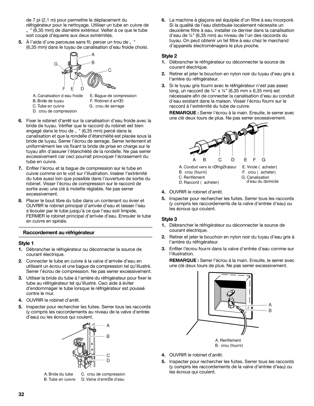 KitchenAid W10167098A, W10167112A installation instructions Raccordement au réfrigérateur Style 