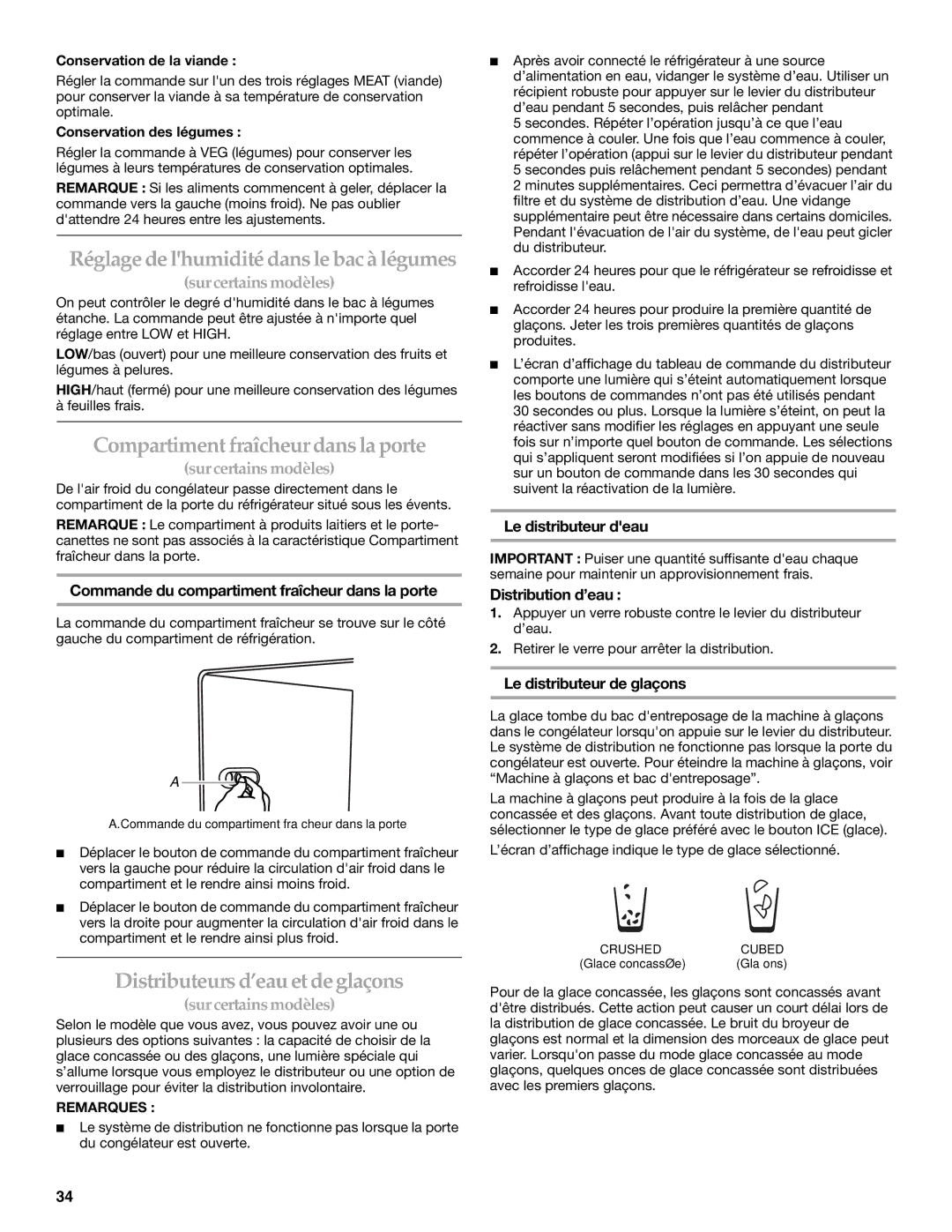 KitchenAid W10167098A, W10167112A Réglage de lhumidité dans le bac à légumes, Compartiment fraîcheur dans la porte 